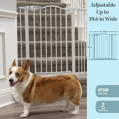 Adjustable 29-39.6" Auto Close Baby Gate for Stairs - One-Hand Opening, 30" Tall Dog Safety Gate, Easy No-Drill Wall Mount in White