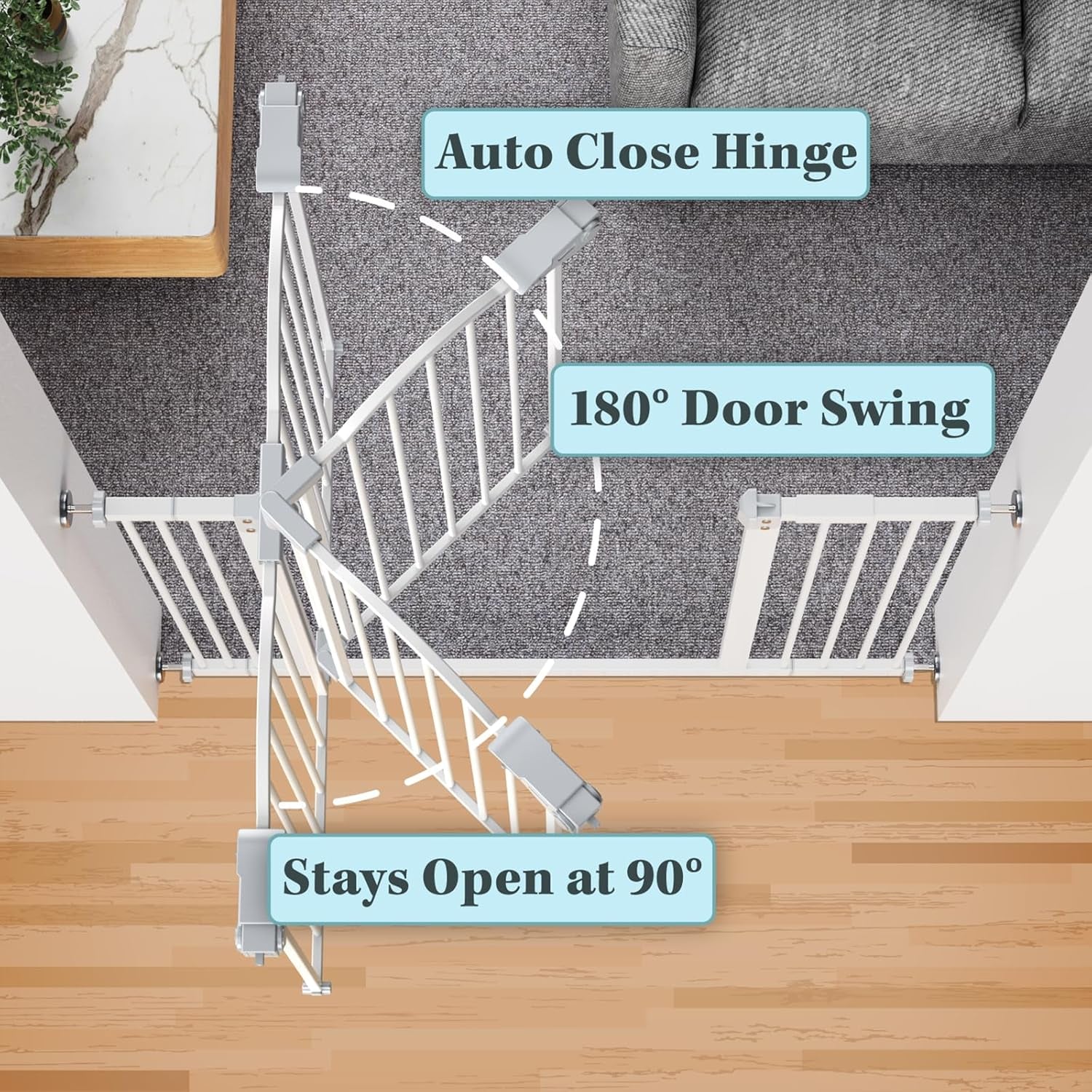 Adjustable 29-39.6" Auto Close Baby Gate for Stairs - One-Hand Opening, 30" Tall Dog Safety Gate, Easy No-Drill Wall Mount in White