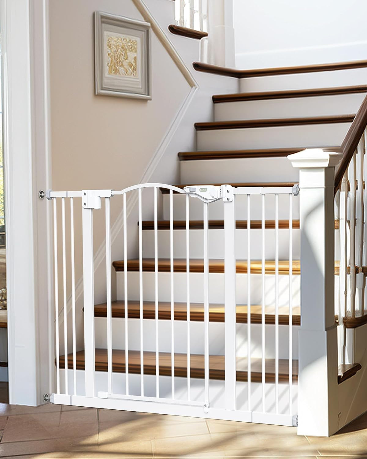 Adjustable 29-39.6" Auto Close Baby Gate for Stairs - One-Hand Opening, 30" Tall Dog Safety Gate, Easy No-Drill Wall Mount in White