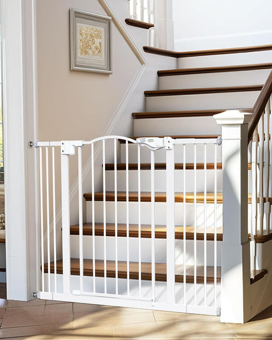 Adjustable 29-39.6" Auto Close Baby Gate for Stairs - One-Hand Opening, 30" Tall Dog Safety Gate, Easy No-Drill Wall Mount in White