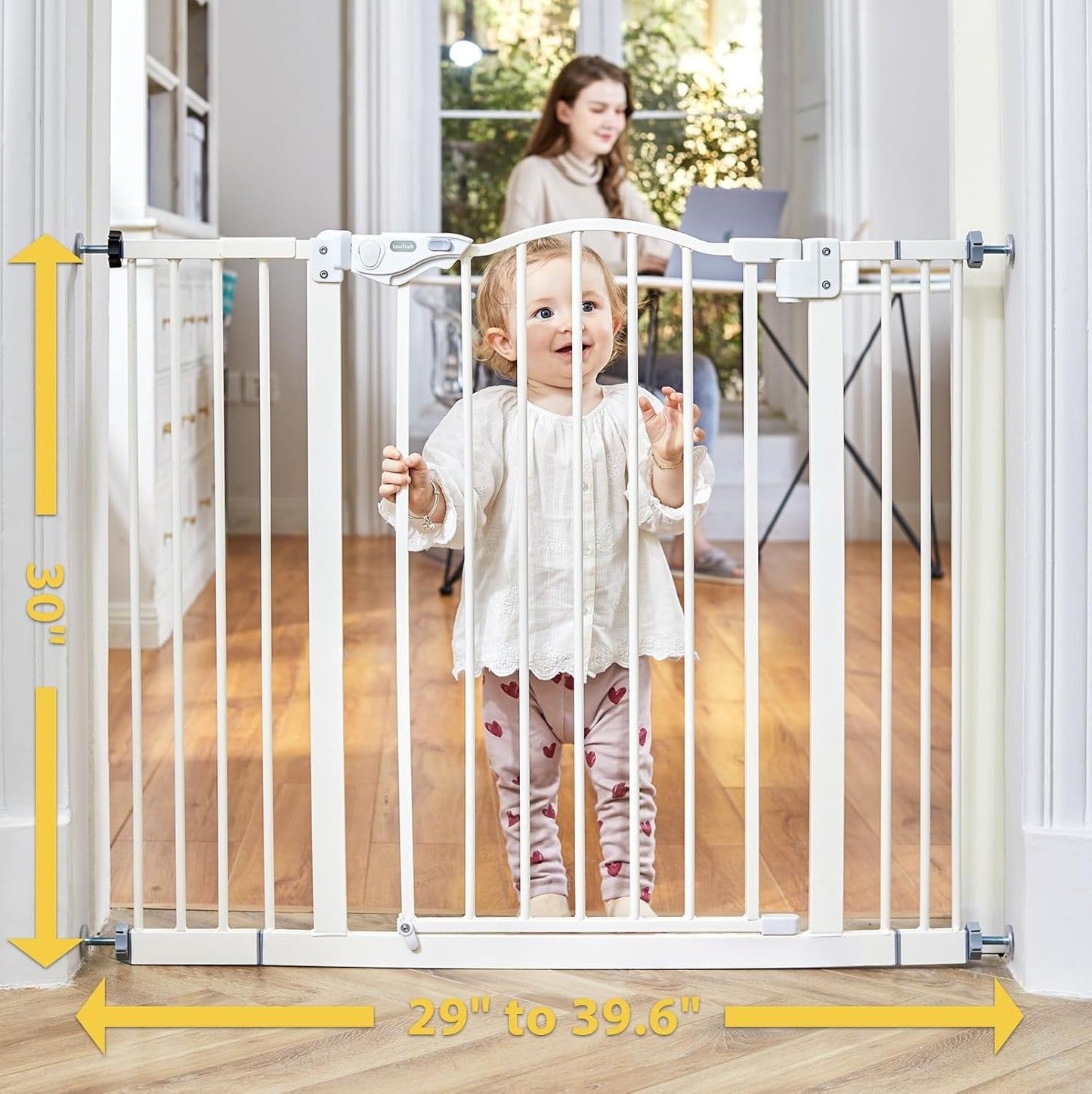 Adjustable 29-39.6" Auto Close Baby Gate for Stairs - One-Hand Opening, 30" Tall Dog Safety Gate, Easy No-Drill Wall Mount in White